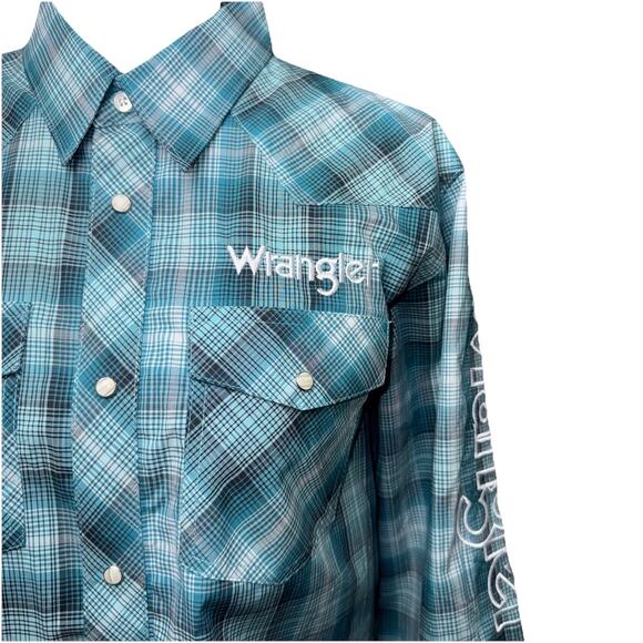 NWT Wrangler Boys XXL Light Blue Plaid Logo Button Down Shirt Western Cowboy - Picture 5 of 8